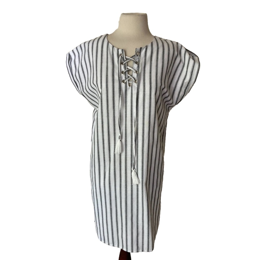 Cottagecore Love Tree Dress Sz LWhite With Black Strips Short Sleeve Coastal